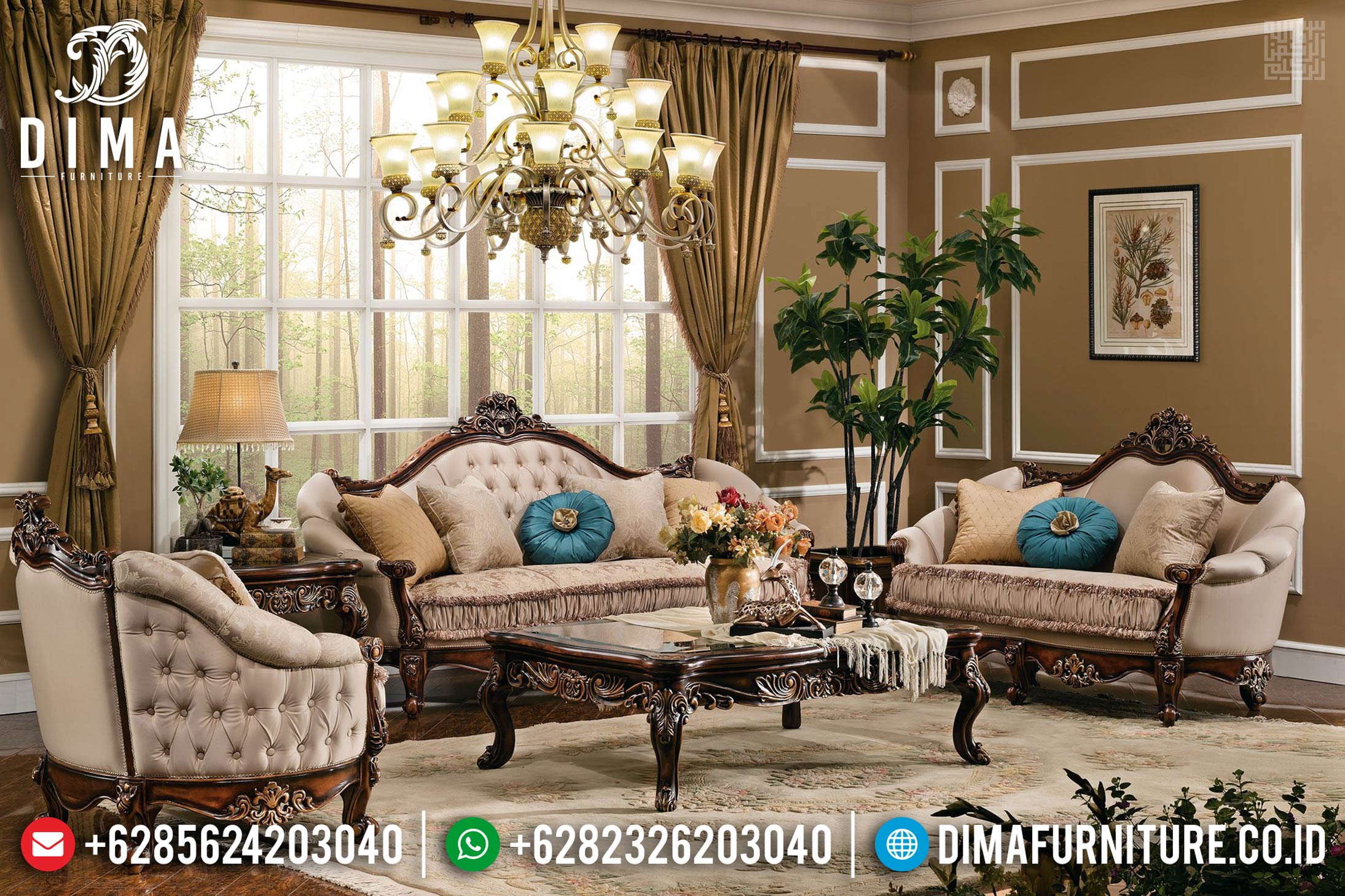 Sofa Tamu Mewah Jati Natural Mahkota Ukiran Classic Luxury MMJ-0421