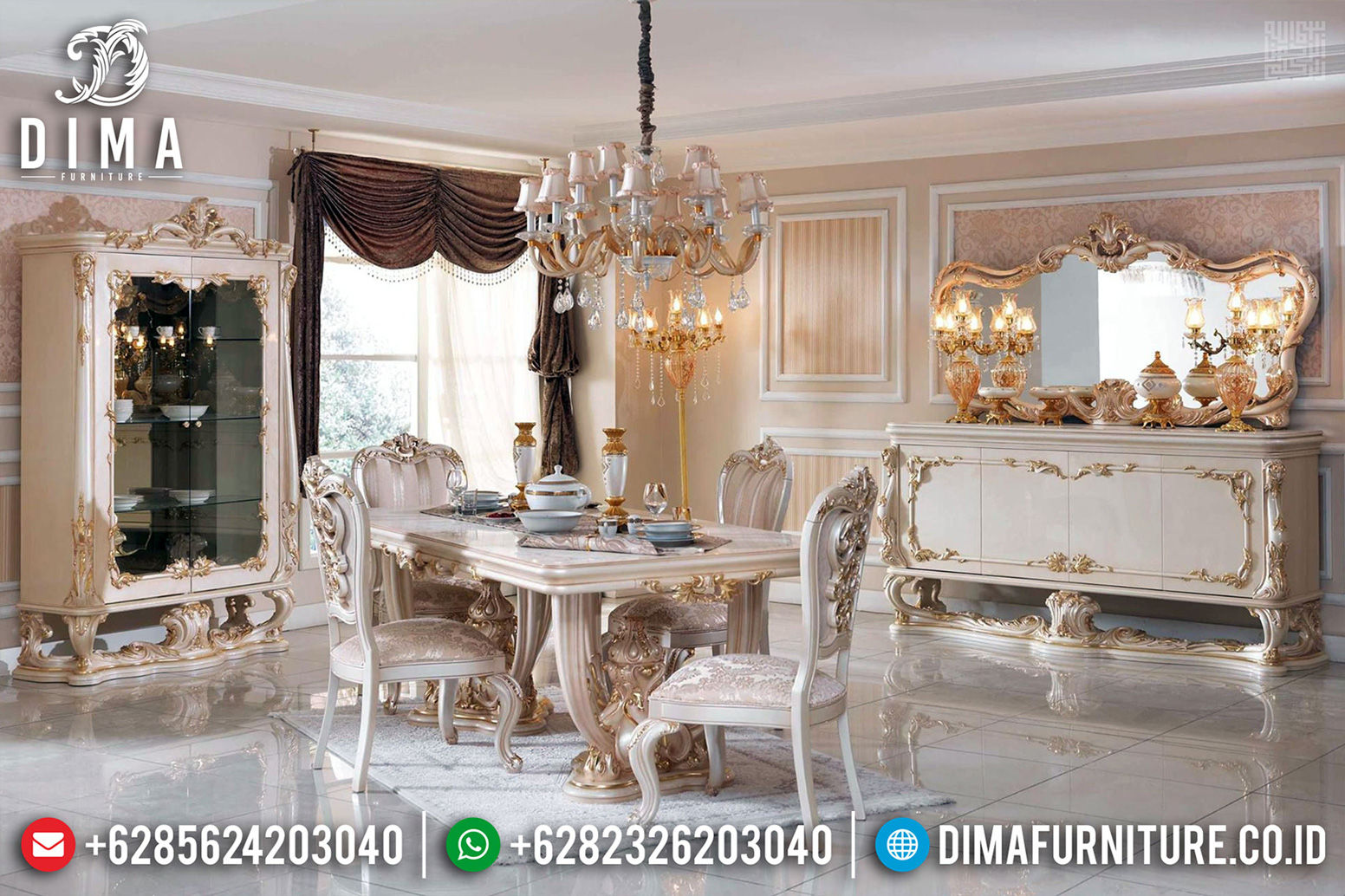 Luxury Design Interior Meja Makan Mewah Jepara Italian Carving Style MMJ-0500
