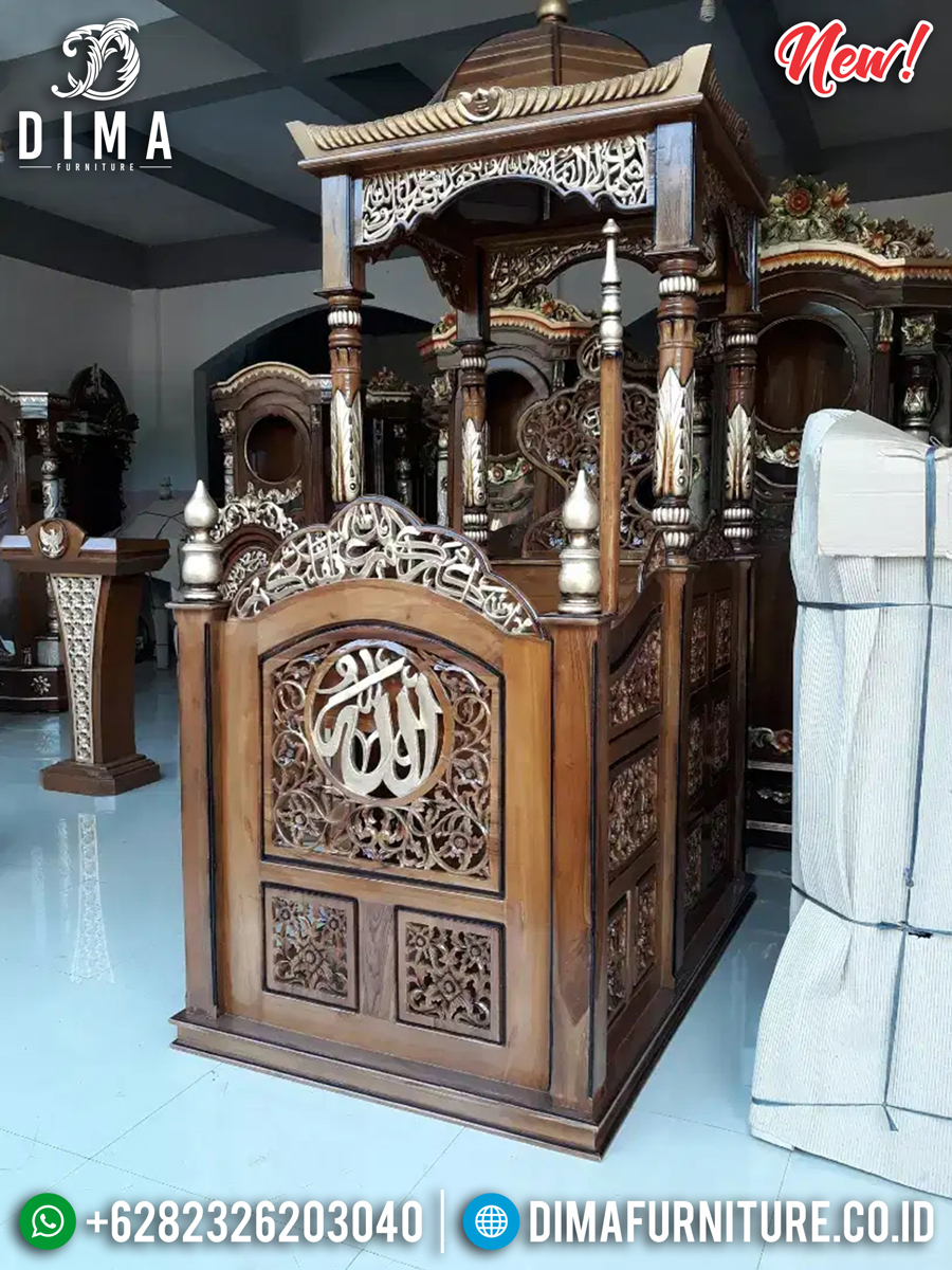 New Model Mimbar Masjid Kubah Jepara Luxury Ukiran Kaligrafi Natural Kombinasi MMJ-0848 Detail