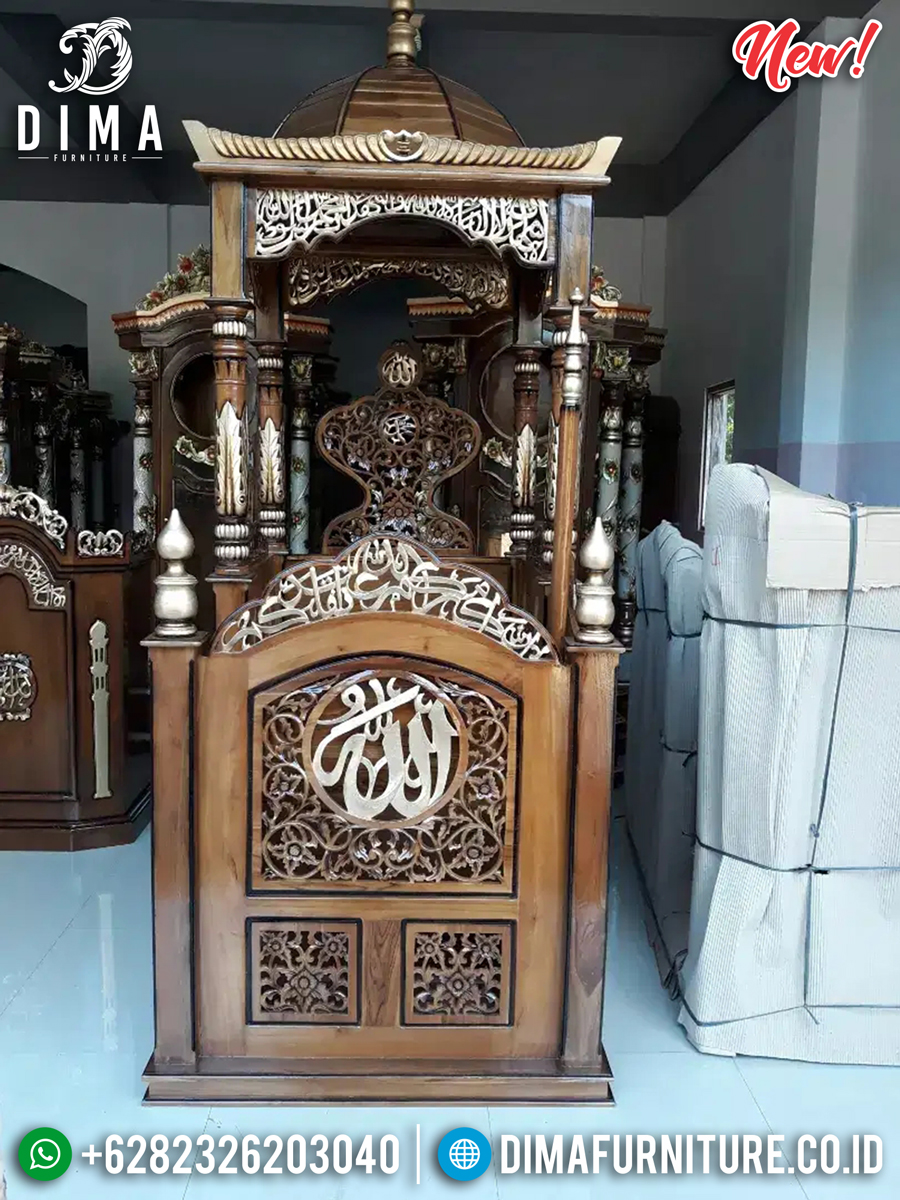 New Model Mimbar Masjid Kubah Jepara Luxury Ukiran Kaligrafi Natural Kombinasi MMJ-0848