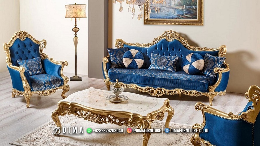 Sofa Ruang Tamu Mewah Ukir Emas Beauty Design Beludru Navy MMJ-0974
